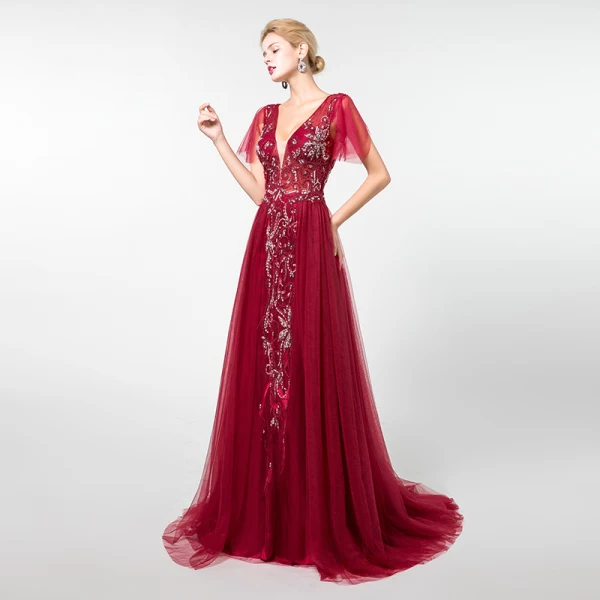 Elegant Burgundy Evening Dresses 2019 A-Line / Princess Deep V-Neck Short Sleeve Handmade Beading Sweep Train Ruffle Backless Formal Dresses
