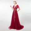 Elegant Burgundy Evening Dresses  2019 A-Line / Princess Deep V-Neck Short Sleeve Handmade  Beading Sweep Train Ruffle Backless Formal Dresses