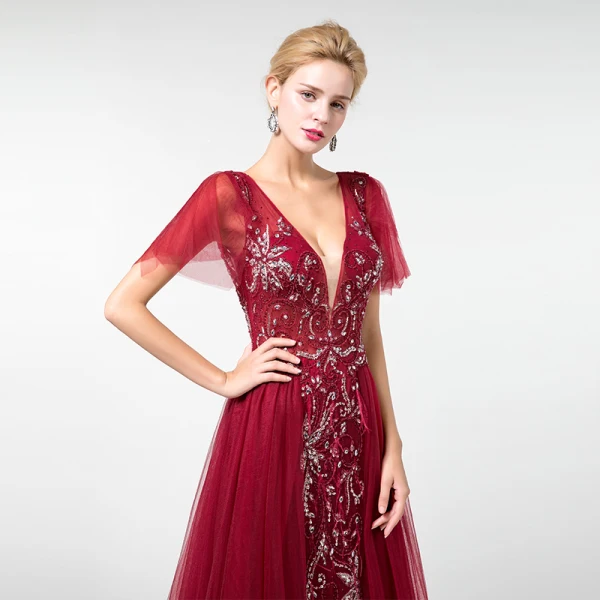 Elegant Burgundy Evening Dresses 2019 A-Line / Princess Deep V-Neck Short Sleeve Handmade Beading Sweep Train Ruffle Backless Formal Dresses