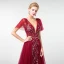 Elegant Burgundy Evening Dresses  2019 A-Line / Princess Deep V-Neck Short Sleeve Handmade  Beading Sweep Train Ruffle Backless Formal Dresses