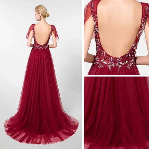 Elegant Burgundy Evening Dresses 2019 A-Line / Princess Deep V-Neck Short Sleeve Handmade Beading Sweep Train Ruffle Backless Formal Dresses