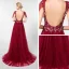 Elegant Burgundy Evening Dresses  2019 A-Line / Princess Deep V-Neck Short Sleeve Handmade  Beading Sweep Train Ruffle Backless Formal Dresses