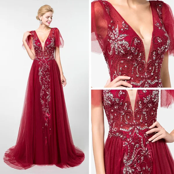 Elegant Burgundy Evening Dresses 2019 A-Line / Princess Deep V-Neck Short Sleeve Handmade Beading Sweep Train Ruffle Backless Formal Dresses