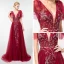 Elegant Burgundy Evening Dresses  2019 A-Line / Princess Deep V-Neck Short Sleeve Handmade  Beading Sweep Train Ruffle Backless Formal Dresses