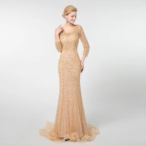 Luxe Champagne Robe De Soirée 2019 Trompette Sirène Encolure Dégagée 3 4 Manches Fait Main Perlage Train De Balayage Volants Dos Nu Robe De Ceremonie