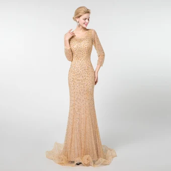 Luxe Champagne Robe De Soirée 2019 Trompette Sirène Encolure Dégagée 3 4 Manches Fait Main Perlage Train De Balayage Volants Dos Nu Robe De Ceremonie