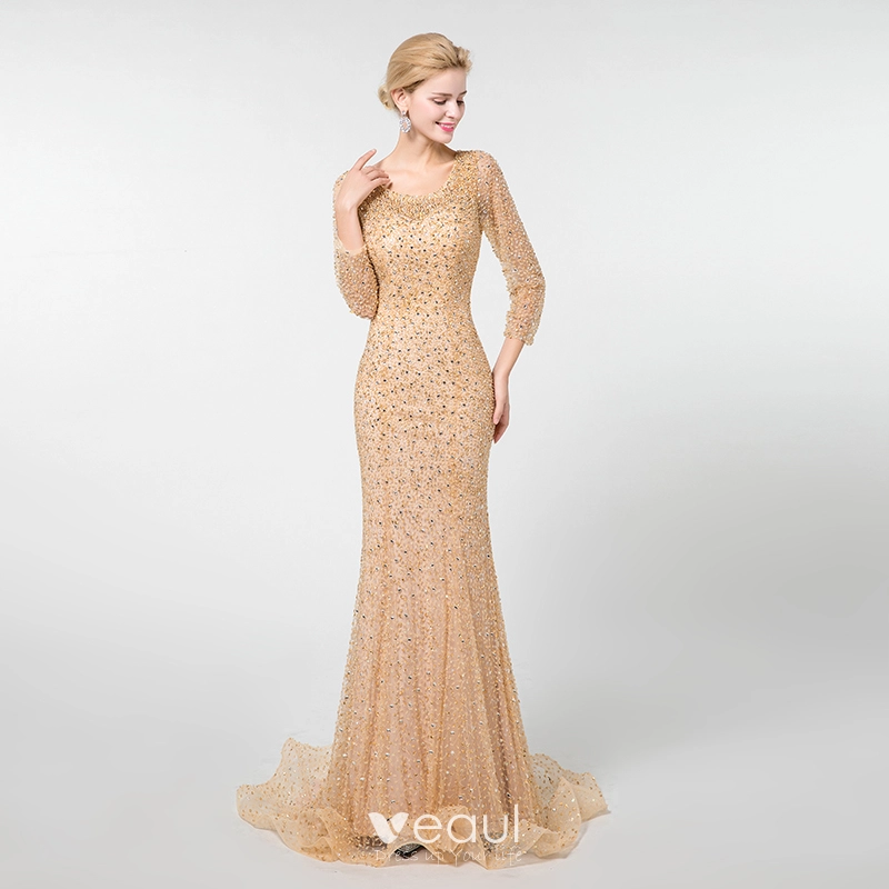 Trumpet Mermaid Scoop Champagne Tulle Beading Luxury Prom Dress Trumpet Mermaid Scoop Champagne Tulle Beading Luxury Prom Dress