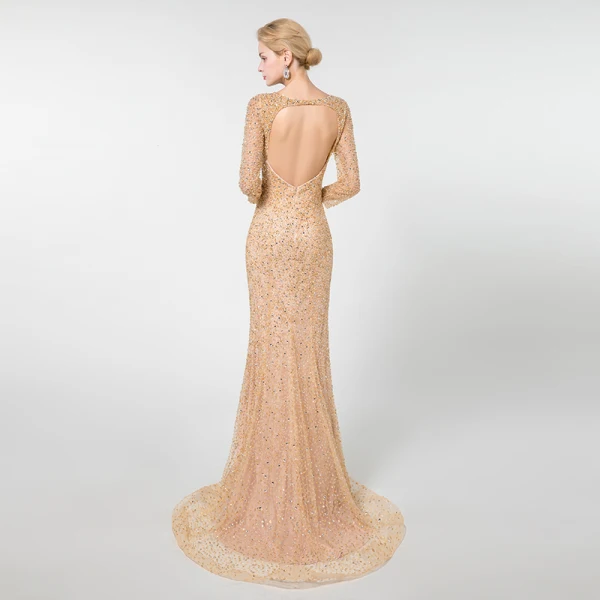 Luxe Champagne Robe De Soirée 2019 Trompette / Sirène Encolure Dégagée 3/4 Manches Fait main Perlage Train De Balayage Volants Dos Nu Robe De Ceremonie
