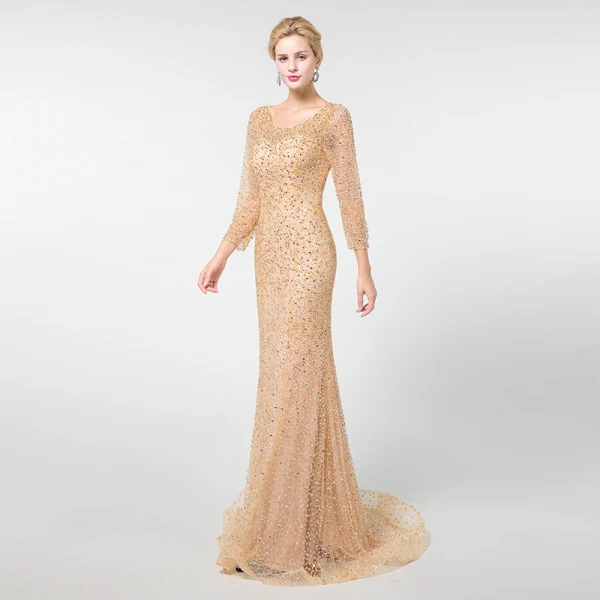 Luxe Champagne Robe De Soirée 2019 Trompette / Sirène Encolure Dégagée 3/4 Manches Fait main Perlage Train De Balayage Volants Dos Nu Robe De Ceremonie