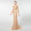 Luxe Champagne Robe De Soirée 2019 Trompette / Sirène Encolure Dégagée 3/4 Manches Fait main Perlage Train De Balayage Volants Dos Nu Robe De Ceremonie