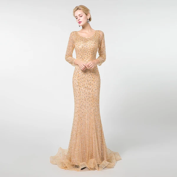 Luxe Champagne Robe De Soirée 2019 Trompette / Sirène Encolure Dégagée 3/4 Manches Fait main Perlage Train De Balayage Volants Dos Nu Robe De Ceremonie