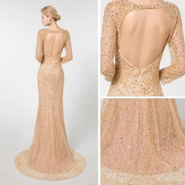 Luxe Champagne Robe De Soirée 2019 Trompette / Sirène Encolure Dégagée 3/4 Manches Fait main Perlage Train De Balayage Volants Dos Nu Robe De Ceremonie