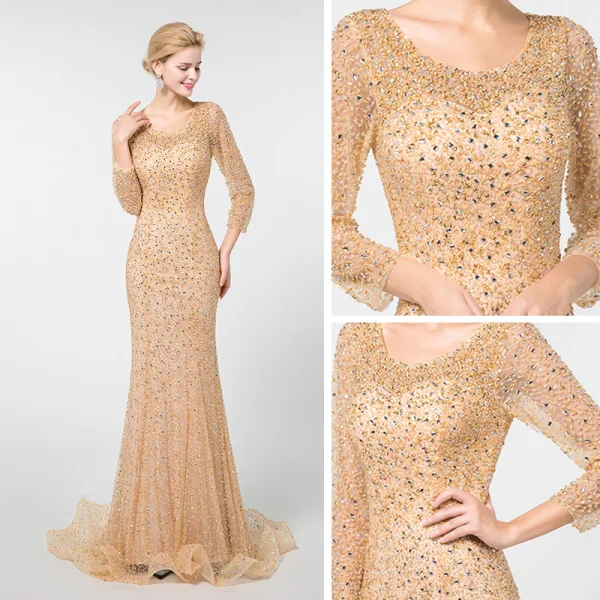 Luxe Champagne Robe De Soirée 2019 Trompette / Sirène Encolure Dégagée 3/4 Manches Fait main Perlage Train De Balayage Volants Dos Nu Robe De Ceremonie