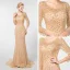 Luxe Champagne Robe De Soirée 2019 Trompette / Sirène Encolure Dégagée 3/4 Manches Fait main Perlage Train De Balayage Volants Dos Nu Robe De Ceremonie