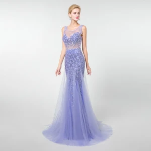 Luxe Lavande Transparentes Robe De Soirée 2019 Trompette Sirène Encolure Dégagée Sans Manches Perlage Gland Train De Balayage Volants Dos Nu Robe De Ceremonie