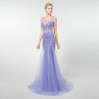 Luxe Lavande Transparentes Robe De Soirée 2019 Trompette Sirène Encolure Dégagée Sans Manches Perlage Gland Train De Balayage Volants Dos Nu Robe De Ceremonie