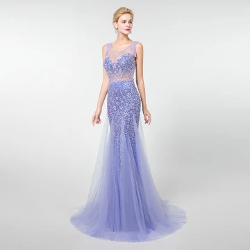 Luxury Gorgeous Lavender See Through Evening Dresses 2019 Trumpet Mermaid Scoop Neck Sleeveless Beading Tassel Sweep Train Ruffle Backless Formal Dresses