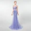 Luxe Lavande Transparentes Robe De Soirée 2019 Trompette / Sirène Encolure Dégagée Sans Manches Perlage Gland Train De Balayage Volants Dos Nu Robe De Ceremonie