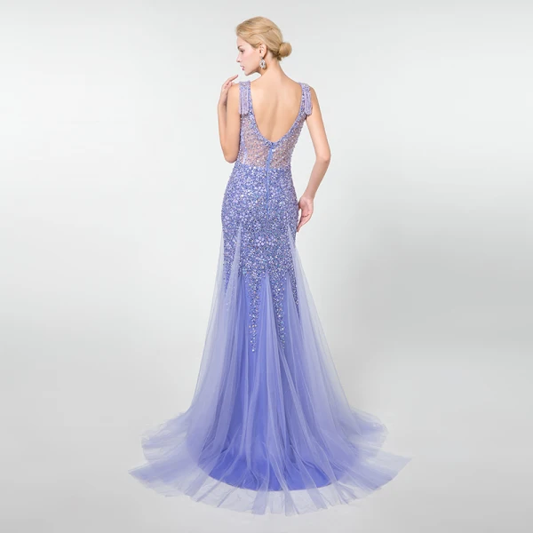 Luxe Lavande Transparentes Robe De Soirée 2019 Trompette / Sirène Encolure Dégagée Sans Manches Perlage Gland Train De Balayage Volants Dos Nu Robe De Ceremonie