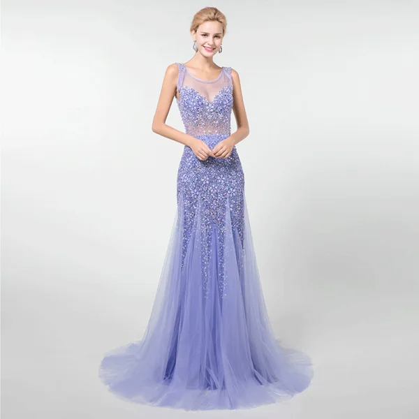 Luxe Lavande Transparentes Robe De Soirée 2019 Trompette / Sirène Encolure Dégagée Sans Manches Perlage Gland Train De Balayage Volants Dos Nu Robe De Ceremonie