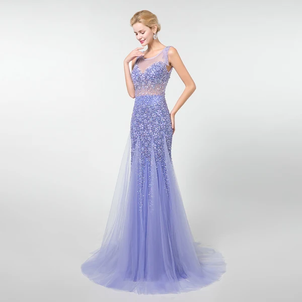 Luxe Lavande Transparentes Robe De Soirée 2019 Trompette / Sirène Encolure Dégagée Sans Manches Perlage Gland Train De Balayage Volants Dos Nu Robe De Ceremonie