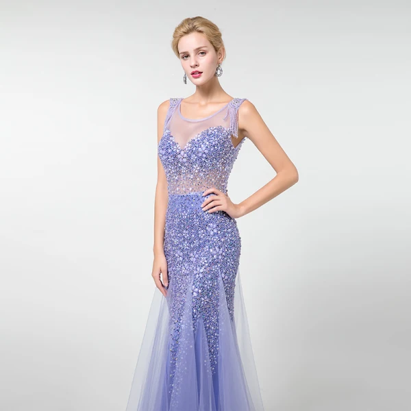 Luxe Lavande Transparentes Robe De Soirée 2019 Trompette / Sirène Encolure Dégagée Sans Manches Perlage Gland Train De Balayage Volants Dos Nu Robe De Ceremonie