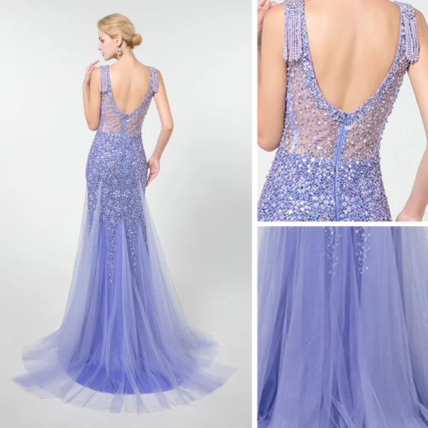 Luxe Lavande Transparentes Robe De Soirée 2019 Trompette / Sirène Encolure Dégagée Sans Manches Perlage Gland Train De Balayage Volants Dos Nu Robe De Ceremonie