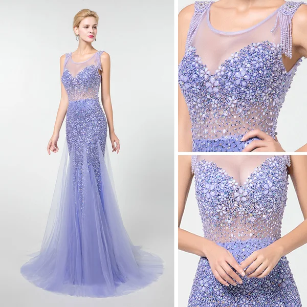 Luxe Lavande Transparentes Robe De Soirée 2019 Trompette / Sirène Encolure Dégagée Sans Manches Perlage Gland Train De Balayage Volants Dos Nu Robe De Ceremonie