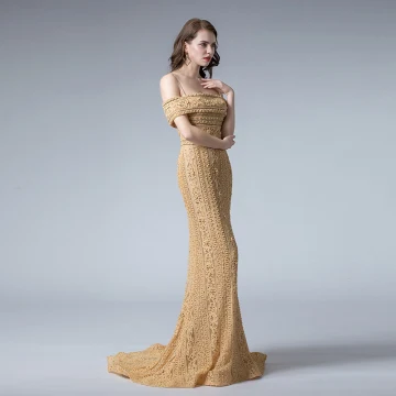 Elegant Gold Lace Evening Dresses 2019 Trumpet Mermaid Spaghetti Straps Short Sleeve Beading Sweep Train Backless Formal Dresses
