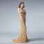 Elegant Gold Lace Evening Dresses  2019 Trumpet / Mermaid Spaghetti Straps Short Sleeve Beading Sweep Train Backless Formal Dresses