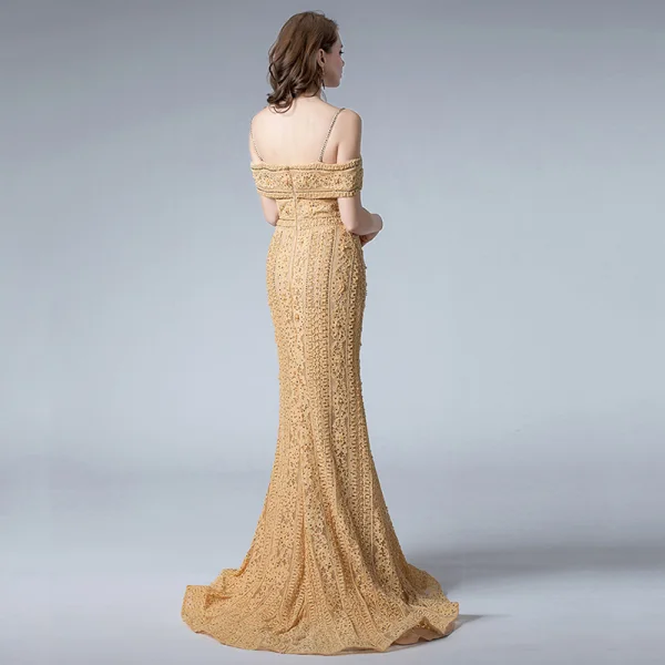 Elegant Gold Lace Evening Dresses  2019 Trumpet / Mermaid Spaghetti Straps Short Sleeve Beading Sweep Train Backless Formal Dresses