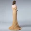 Elegant Gold Lace Evening Dresses  2019 Trumpet / Mermaid Spaghetti Straps Short Sleeve Beading Sweep Train Backless Formal Dresses