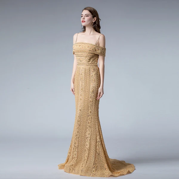Elegant Gold Lace Evening Dresses  2019 Trumpet / Mermaid Spaghetti Straps Short Sleeve Beading Sweep Train Backless Formal Dresses