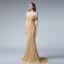 Elegant Gold Lace Evening Dresses  2019 Trumpet / Mermaid Spaghetti Straps Short Sleeve Beading Sweep Train Backless Formal Dresses