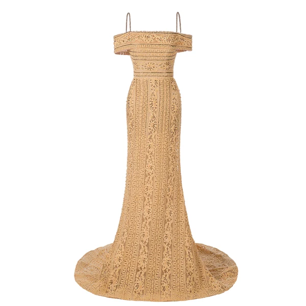 Elegant Gold Lace Evening Dresses  2019 Trumpet / Mermaid Spaghetti Straps Short Sleeve Beading Sweep Train Backless Formal Dresses