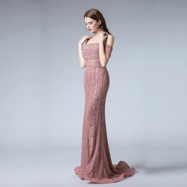 Elegant Gold Lace Evening Dresses  2019 Trumpet / Mermaid Spaghetti Straps Short Sleeve Beading Sweep Train Backless Formal Dresses
