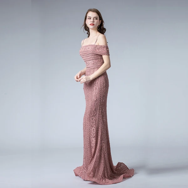 Elegant Gold Lace Evening Dresses  2019 Trumpet / Mermaid Spaghetti Straps Short Sleeve Beading Sweep Train Backless Formal Dresses