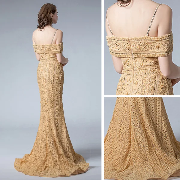 Elegant Gold Lace Evening Dresses  2019 Trumpet / Mermaid Spaghetti Straps Short Sleeve Beading Sweep Train Backless Formal Dresses