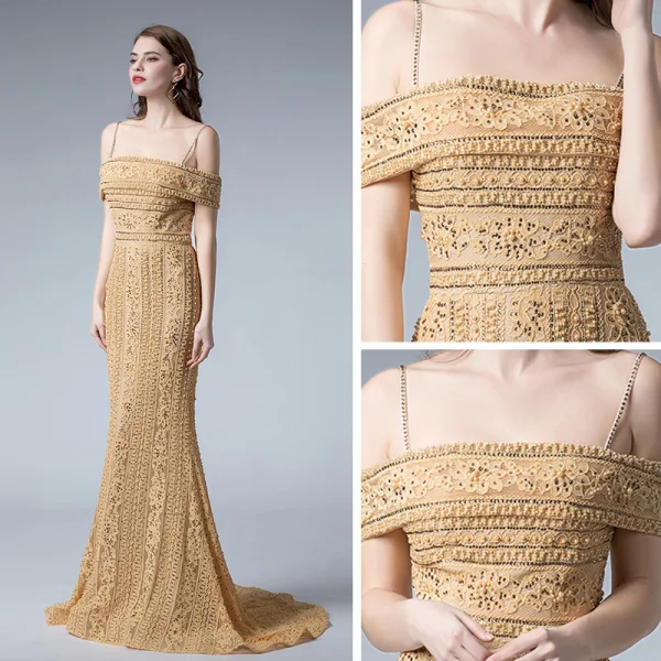 Elegant Gold Lace Evening Dresses  2019 Trumpet / Mermaid Spaghetti Straps Short Sleeve Beading Sweep Train Backless Formal Dresses