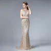 High-end Champagne See-through Evening Dresses  2019 Trumpet / Mermaid Square Neckline Sleeveless Sequins Beading Tassel Sweep Train Ruffle Formal Dresses