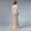High-end Champagne See-through Evening Dresses  2019 Trumpet / Mermaid Square Neckline Sleeveless Sequins Beading Tassel Sweep Train Ruffle Formal Dresses