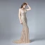 Haut de Gamme Champagne Transparentes Robe De Soirée 2019 Trompette / Sirène Encolure Carrée Sans Manches Paillettes Perlage Gland Train De Balayage Volants Robe De Ceremonie