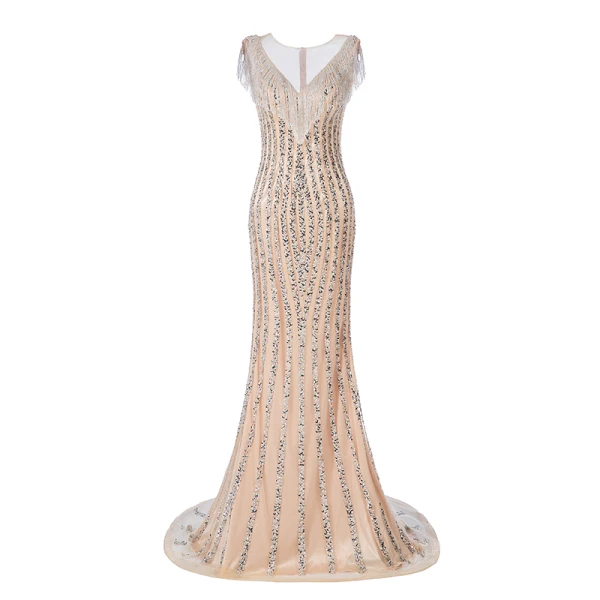 Haut de Gamme Champagne Transparentes Robe De Soirée 2019 Trompette / Sirène Encolure Carrée Sans Manches Paillettes Perlage Gland Train De Balayage Volants Robe De Ceremonie