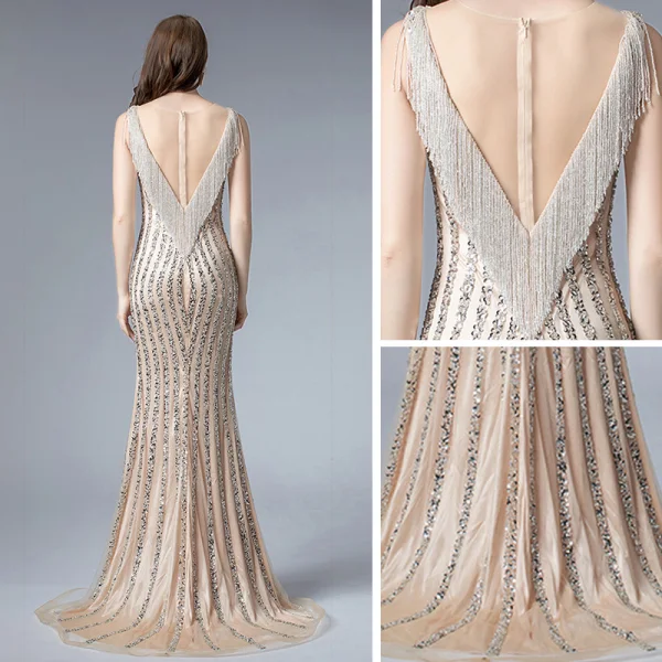 Haut de Gamme Champagne Transparentes Robe De Soirée 2019 Trompette / Sirène Encolure Carrée Sans Manches Paillettes Perlage Gland Train De Balayage Volants Robe De Ceremonie