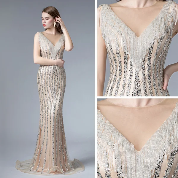 Haut de Gamme Champagne Transparentes Robe De Soirée 2019 Trompette / Sirène Encolure Carrée Sans Manches Paillettes Perlage Gland Train De Balayage Volants Robe De Ceremonie
