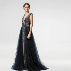 Sexy Espejismo Marino Oscuro Vestidos De Noche 2019 A Line Princess V Cuello Profundo Sin Mangas Hecho A Mano Rebordear Colas De Barrido Ruffle Sin Espalda Vestidos Formales