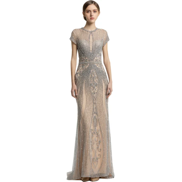 Luxury / Gorgeous Champagne See-through Evening Dresses 2019 Trumpet / Mermaid Scoop Neck Short Sleeve Handmade Beading Sweep Train Formal Dresses