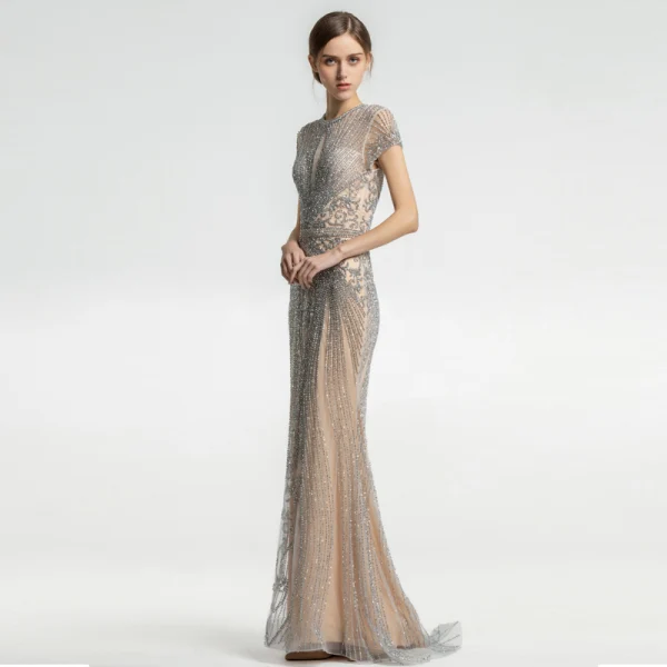 Luxury / Gorgeous Champagne See-through Evening Dresses 2019 Trumpet / Mermaid Scoop Neck Short Sleeve Handmade Beading Sweep Train Formal Dresses