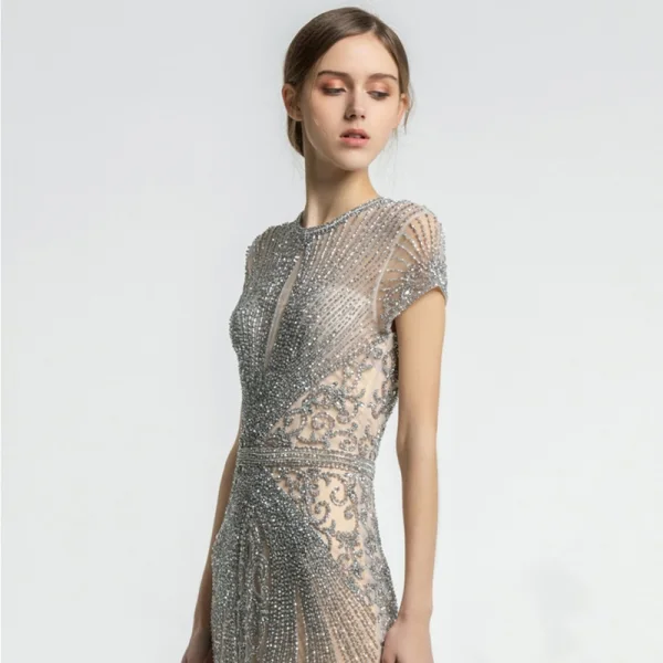 Luxury / Gorgeous Champagne See-through Evening Dresses 2019 Trumpet / Mermaid Scoop Neck Short Sleeve Handmade Beading Sweep Train Formal Dresses