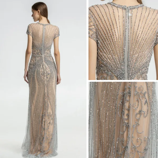 Luxury / Gorgeous Champagne See-through Evening Dresses 2019 Trumpet / Mermaid Scoop Neck Short Sleeve Handmade Beading Sweep Train Formal Dresses